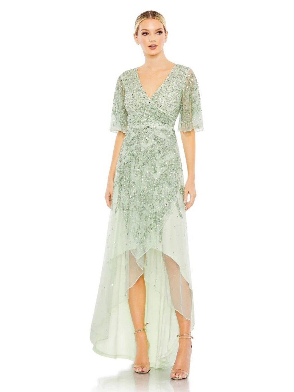 Mac Duggal Size 16 Sage Green 93681 Gown Sequined Butterfly Sleeve Cocktail NWT - Picture 2 of 12